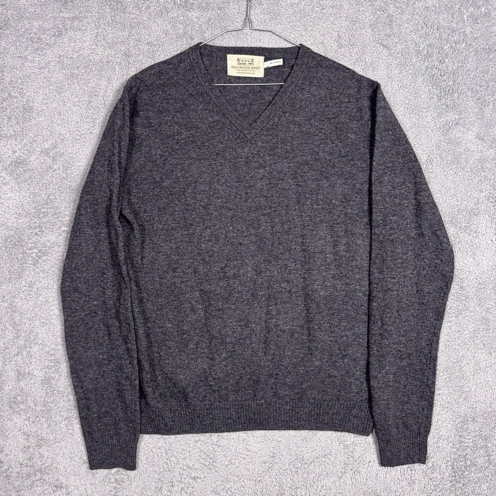 Aran Sweater Mens L Market Ireland Extra Fine Lambs Wool V-Neck Jumper Pullover